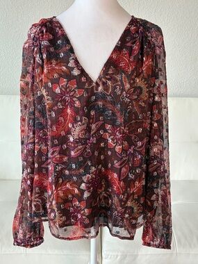 LOFT Women's V-Neck Floral Blouse in Burgundy and Rust Silver Shimmer
